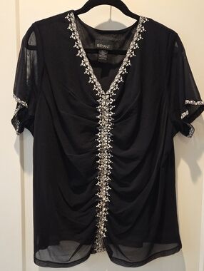 Lane Bryant Black Blouse with White Embroidered Trim